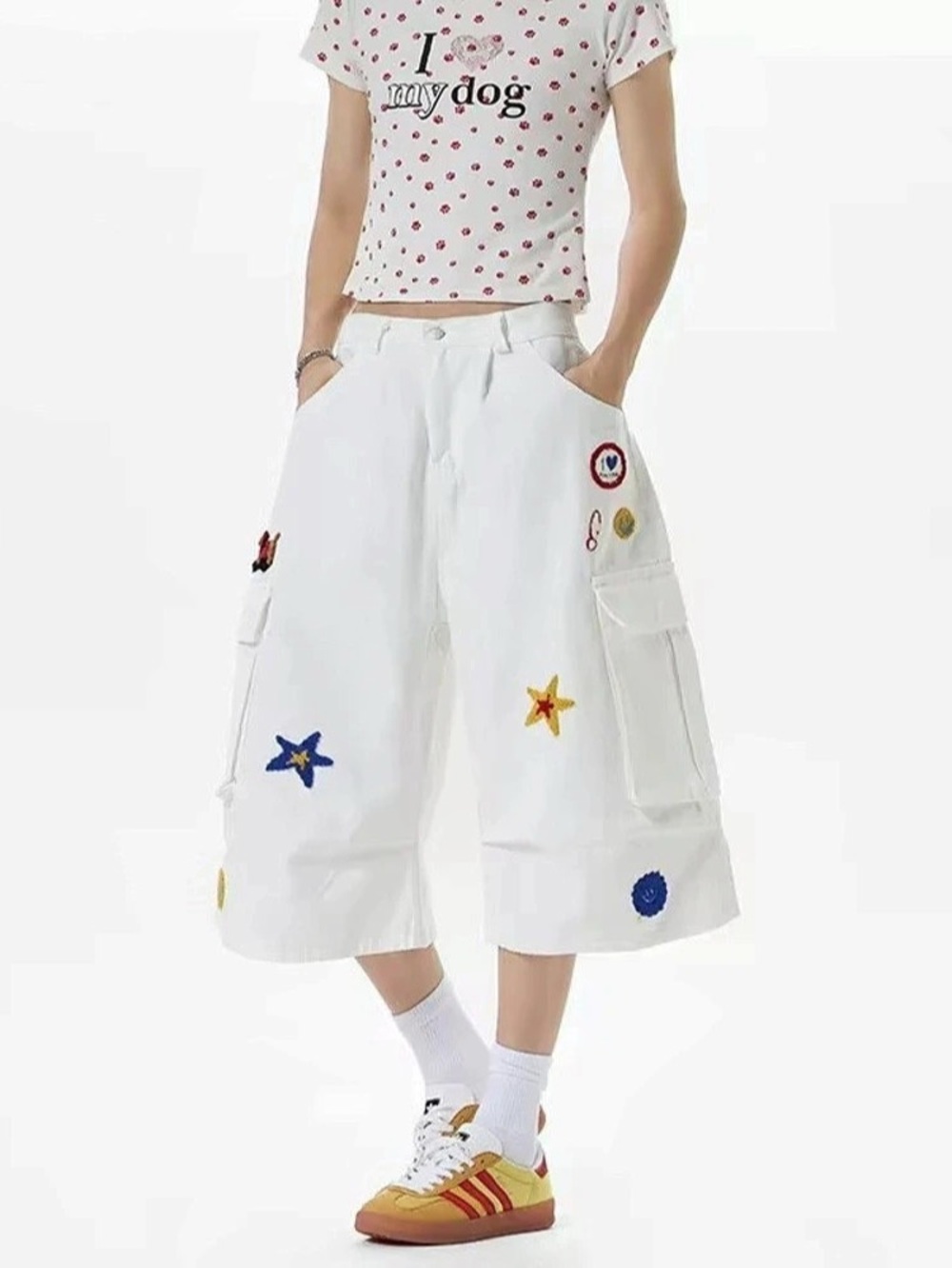Women's embroidery White Cargo Jean Shorts